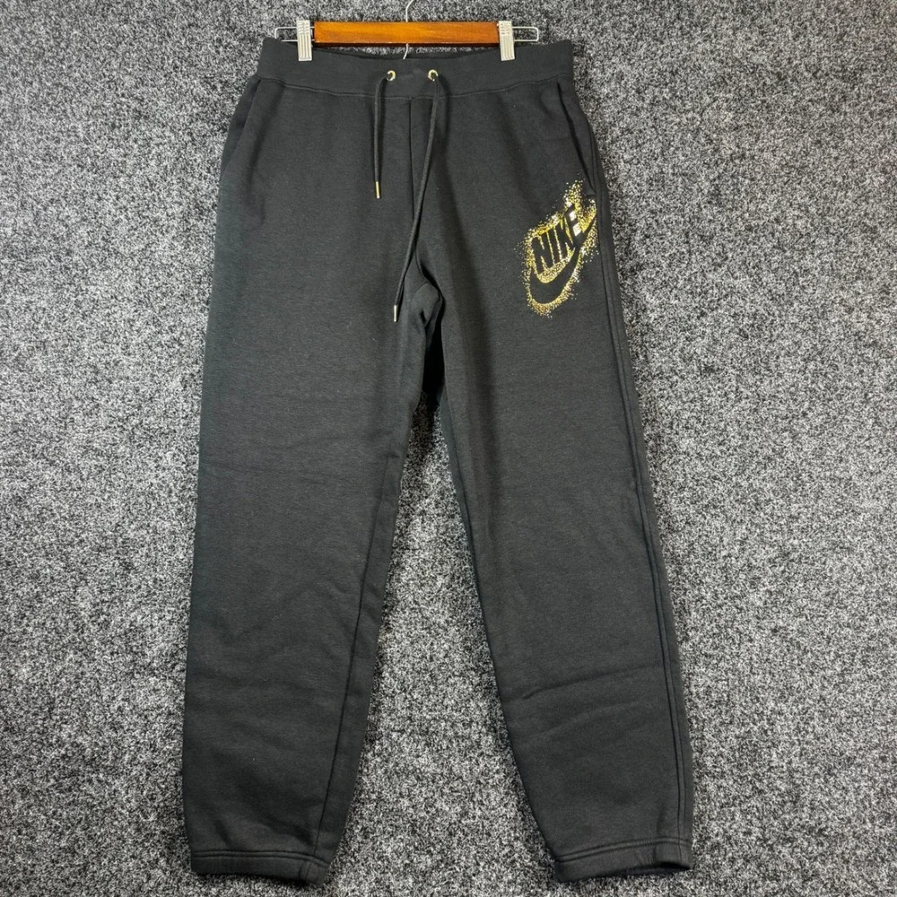 Nike Mens Black Fleece Joggers Gold Glitter Logo Sweatpants Medium